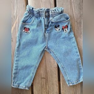 ZARA DISNEY SZ 12-18M VGUC BLUE MINNIE & MICKEY loose fit paperbag style jeans